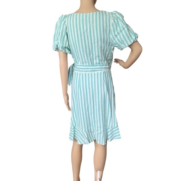 Draper James Women’s Puff Sleeve Turquoise White Striped Wrap Dress Size S NWT - Picture 2 of 14